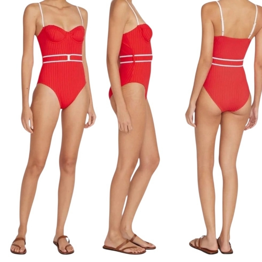 Solid & Striped The Spencer Red Ribbed Belted One Piece Swimsuit L - Picture 5 of 11